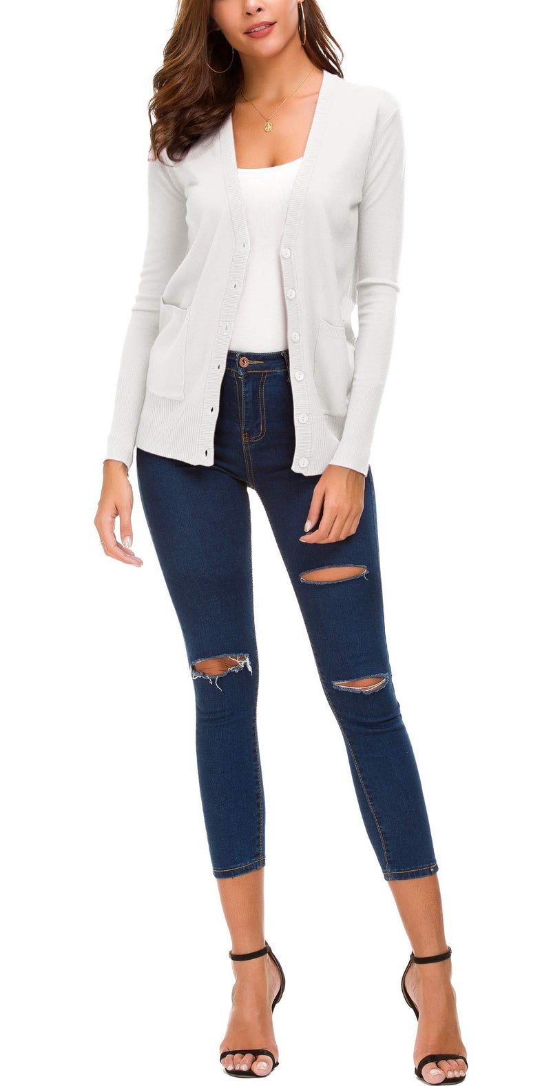 EXCHIC Women's Long Sleeve Open Front Cardigan Sweaters Lightweight Button Down Knit Sweater(White, Large) - Image 2